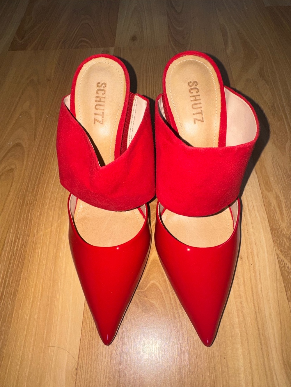 SCHUTZ Red Patent & Suede Pointed Slide Mules